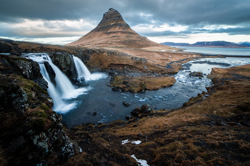 picturesque mountain with waterfalls in west iceland