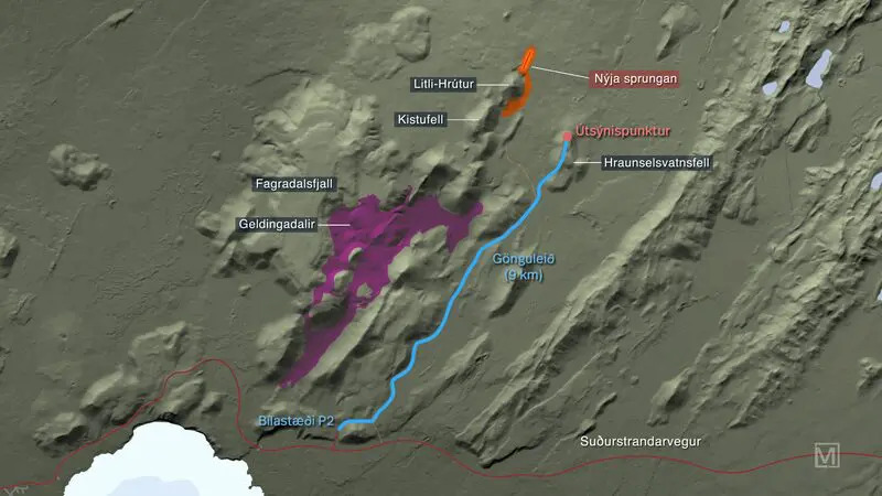 map of the hiking trail to Reykjanes eruption site